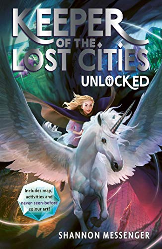 Book cover showing a girl riding a white winged unicorn against a dark background.