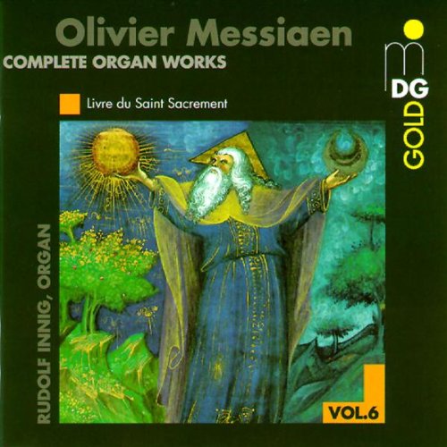 Olivier Messiaen CD cover featuring a religious figure in blue robes with a halo.