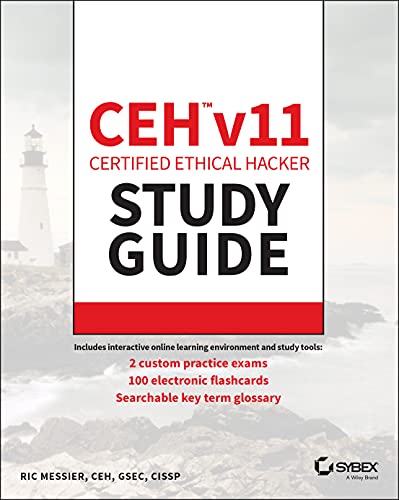 Book cover: "CEH v11 Certified Ethical Hacker Study Guide" with lighthouse image.