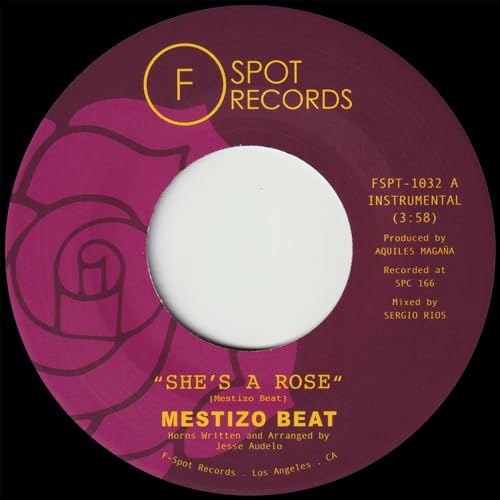 Pink vinyl record label with a rose illustration and text details.