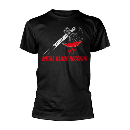Black t-shirt with white axe and red droplets graphic, “Metal Blade Records” text.