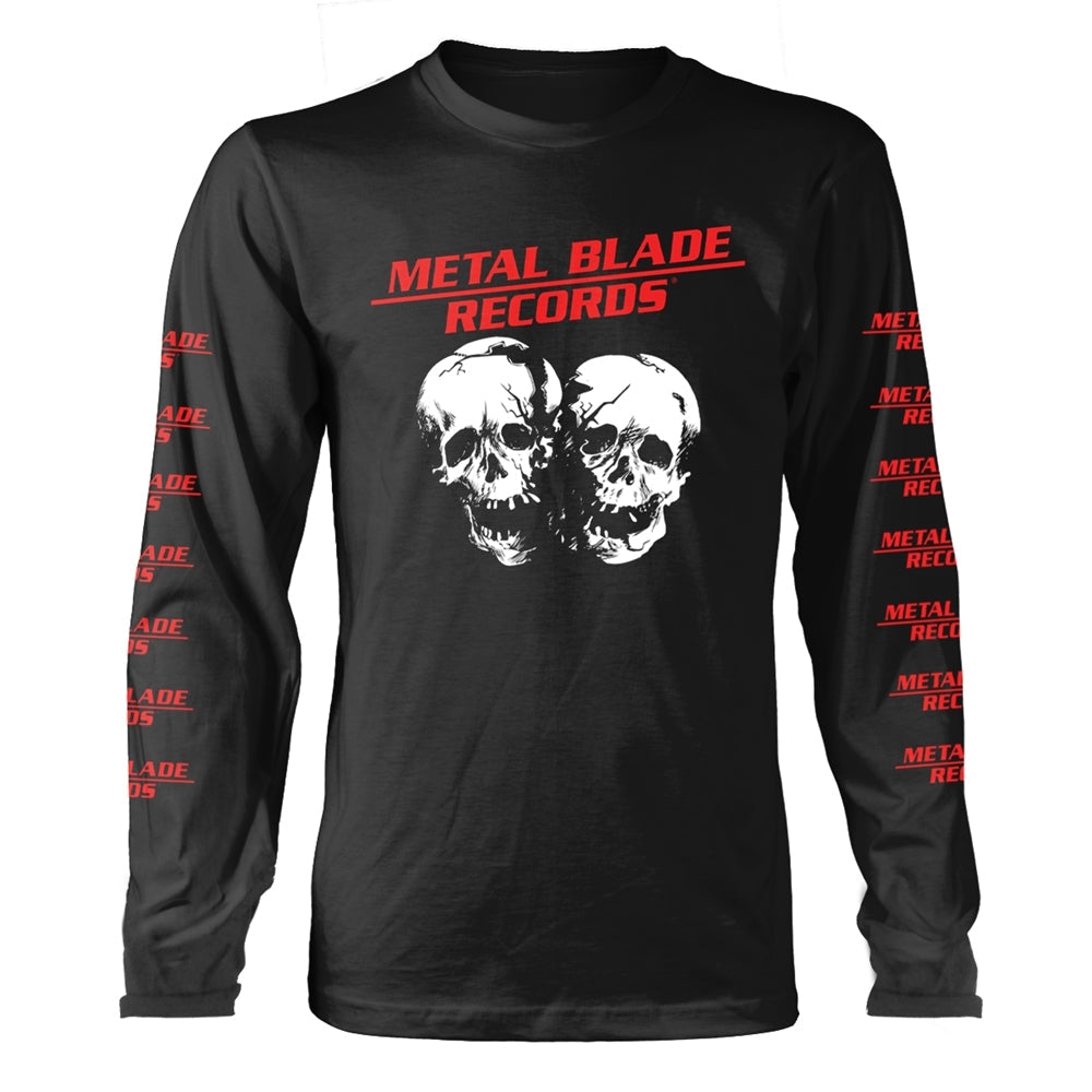 Black long-sleeve shirt with repeating skulls and "METAL BLADE RECORDS" text.