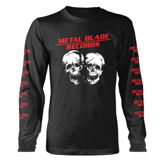 Black long-sleeve shirt with repeating skulls and "METAL BLADE RECORDS" text.