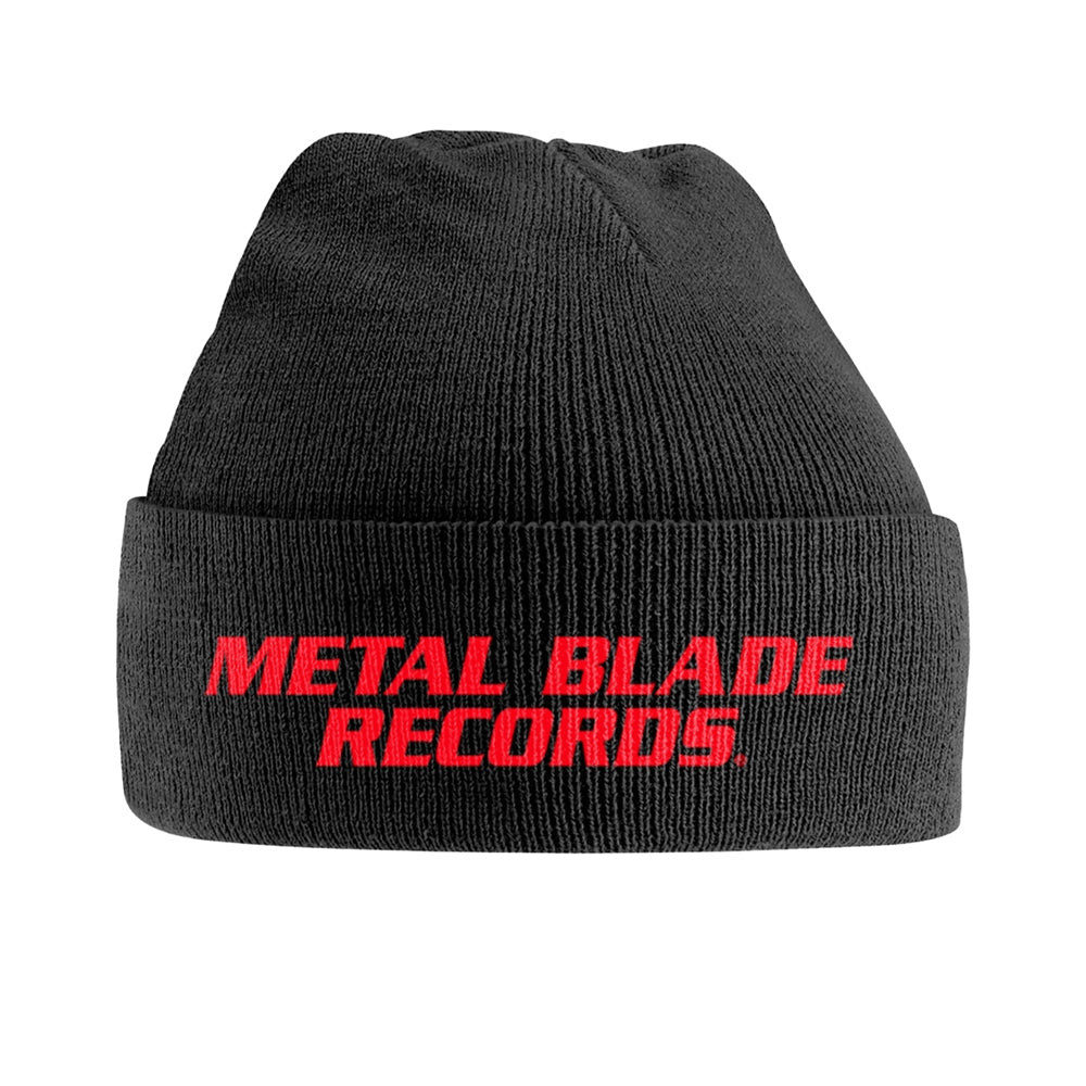 Black knit beanie with red "METAL BLADE RECORDS" text across the front.
