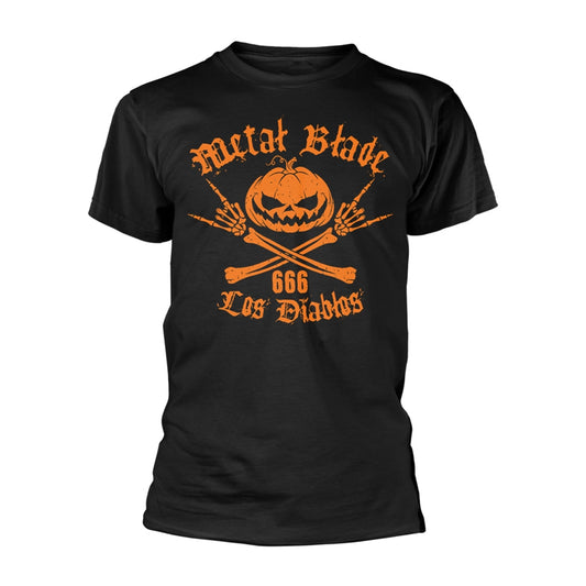 Black t-shirt with orange jack-o'-lantern skull and crossbones design.