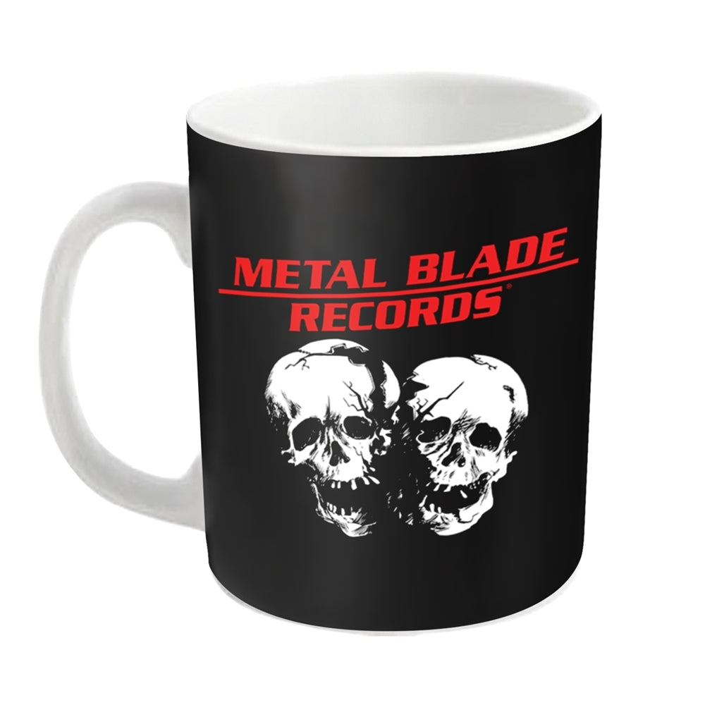 Black mug with white Metal Blade Records logo and crushed skulls.