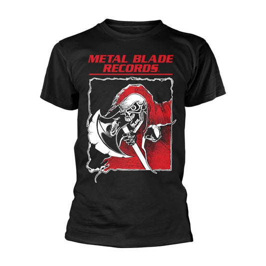 Black t-shirt with a red and white illustration of a grim reaper.