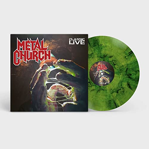 Metal Church "Classic Live" vinyl record with green swirl pattern.