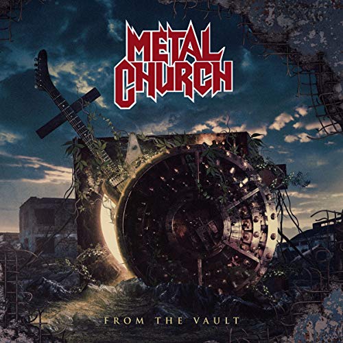 "Album cover with 'Metal Church' in red, surrounded by a post-apocalyptic scene with guitars."