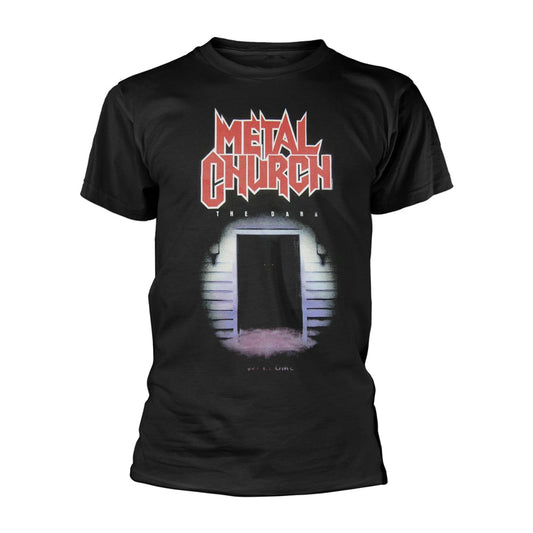 Black t-shirt with "METAL CHURCH - THE DARK" album art graphic.