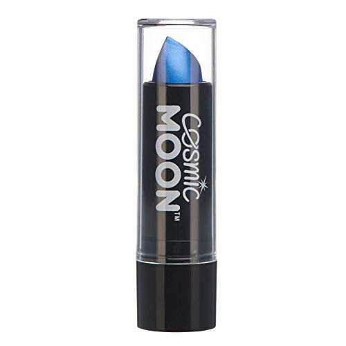 Cosmic Moon metallic blue lipstick in a black tube with a clear cap.