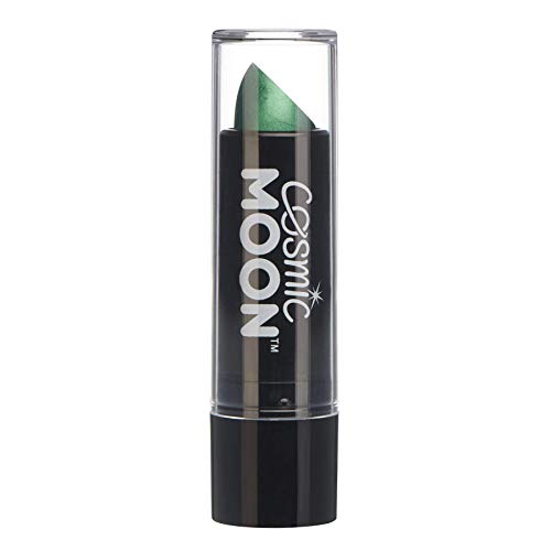 A tube of Cosmic Moon green metallic lipstick with a clear plastic cap.