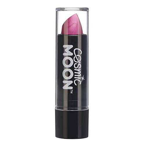 Tube of pink metallic lipstick with Cosmic Moon branding on a black case.