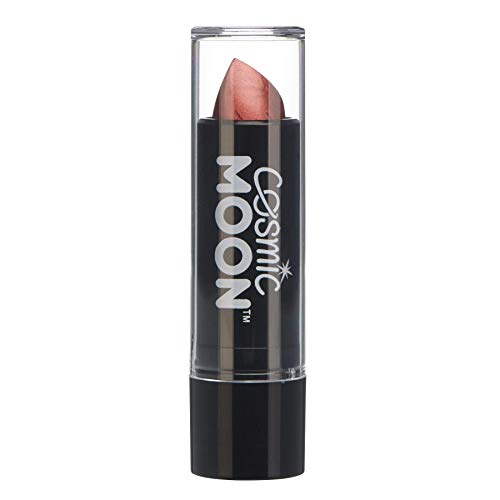A tube of red metallic lipstick with a clear cap and Cosmic Moon branding.