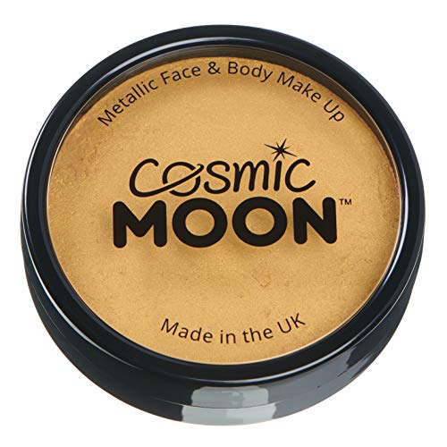 A round black container of gold metallic face and body paint by Cosmic Moon.