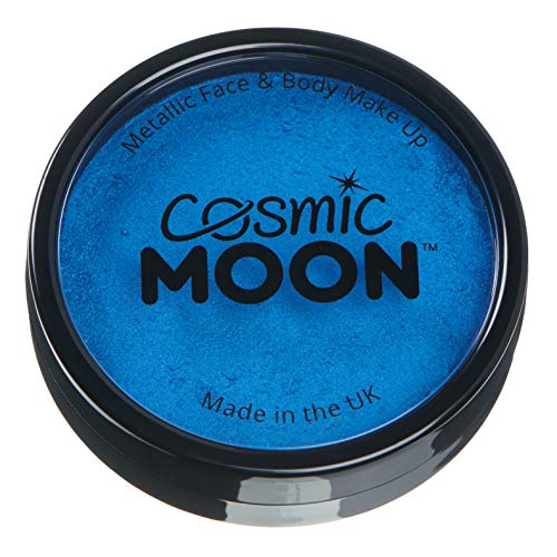 A circular pot of metallic blue face and body paint with Cosmic Moon branding.