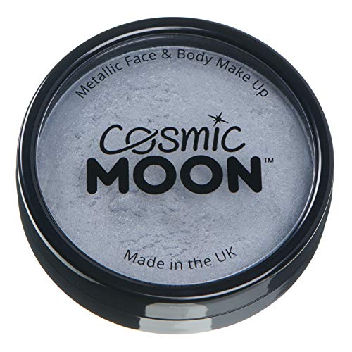 A round black container of silver metallic face and body paint by Cosmic Moon.