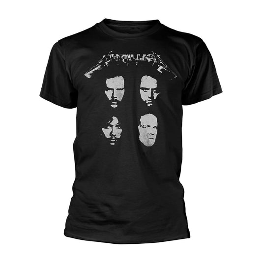 Black Metallica t-shirt with four band member faces graphic.
