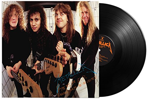 Metallica band members in a tiled room next to a black vinyl record.