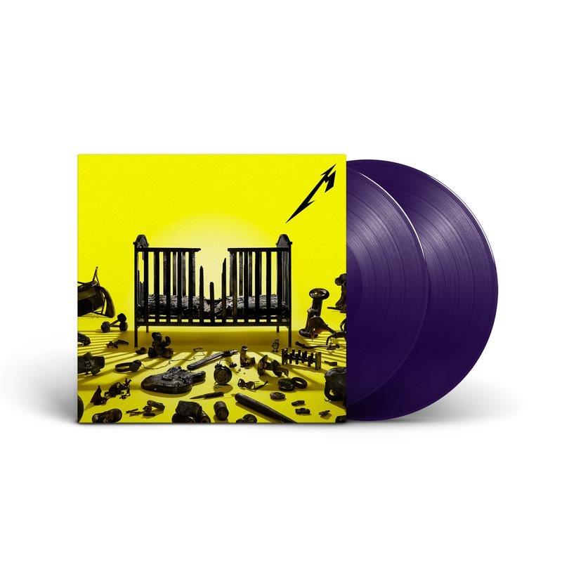 "Purple vinyl records with yellow album cover featuring a black crib and objects."
