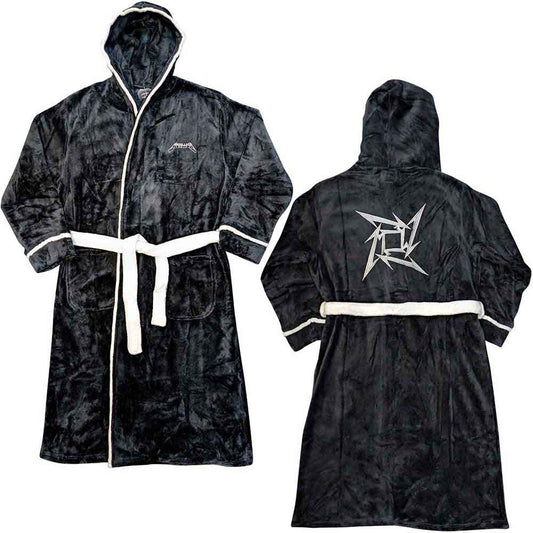 Black hooded bathrobe with white trim and Metallica logo embroidery.
