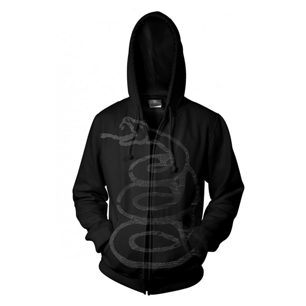 Black hooded sweatshirt with Metallica's "Black Album" snake design.