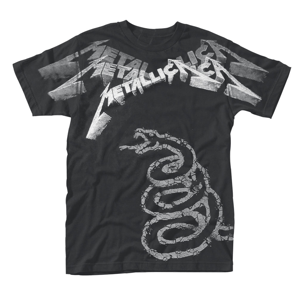 Black men’s t-shirt with faded Metallica logo and swirling design.