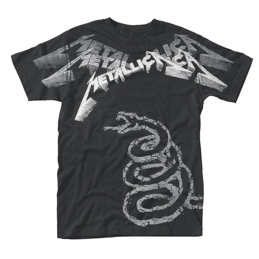 Black men’s t-shirt with faded Metallica logo and swirling design.
