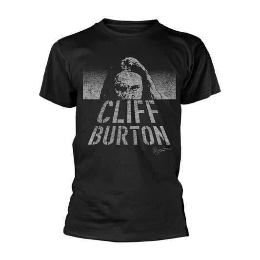 Black t-shirt with distressed graphic of Cliff Burton and his name.