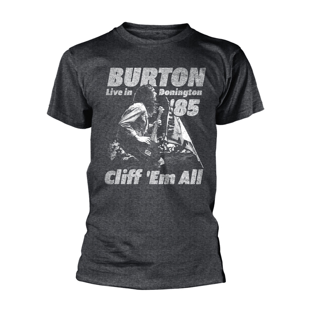 Gray t-shirt with a graphic of Cliff Burton playing bass at Donington '85.
