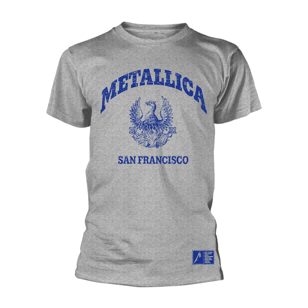 Grey t-shirt with a blue Metallica San Francisco college crest graphic on the chest.