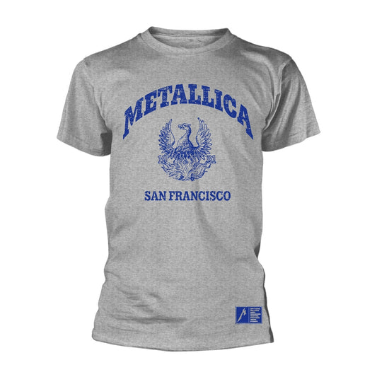 Grey t-shirt with a blue Metallica San Francisco college crest graphic on the chest.
