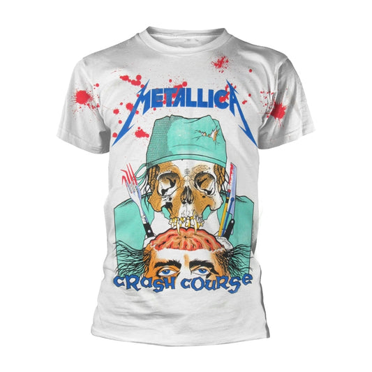 White Metallica t-shirt with graphic of skull and surgical scene.