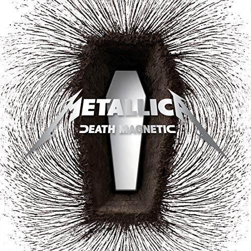 A white coffin shape surrounded by black iron filings with Metallica Death Magnetic text.