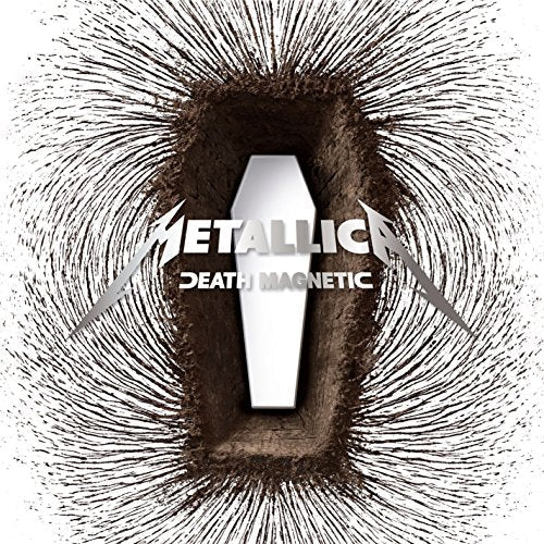 A white coffin shape surrounded by dark magnetic iron filings on a white background.
