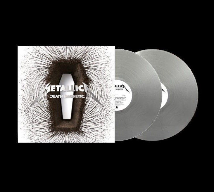 Metallica’s “Death Magnetic” vinyl record with coffin-shaped cover art.