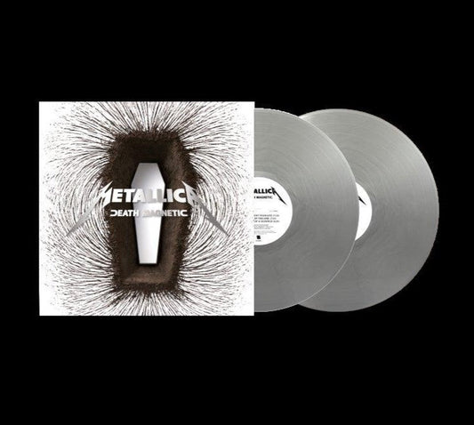 Metallica’s “Death Magnetic” vinyl record with coffin-shaped cover art.