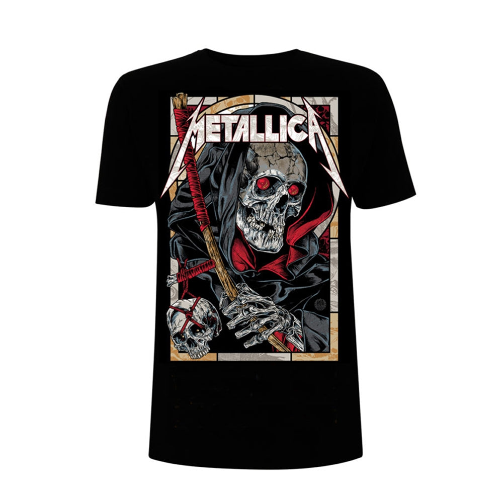 Black t-shirt with a colorful graphic of the Grim Reaper and Metallica logo.