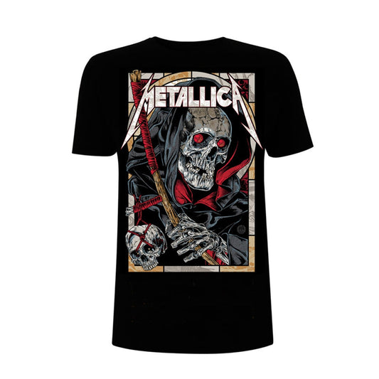 Black t-shirt with a colorful graphic of the Grim Reaper and Metallica logo.
