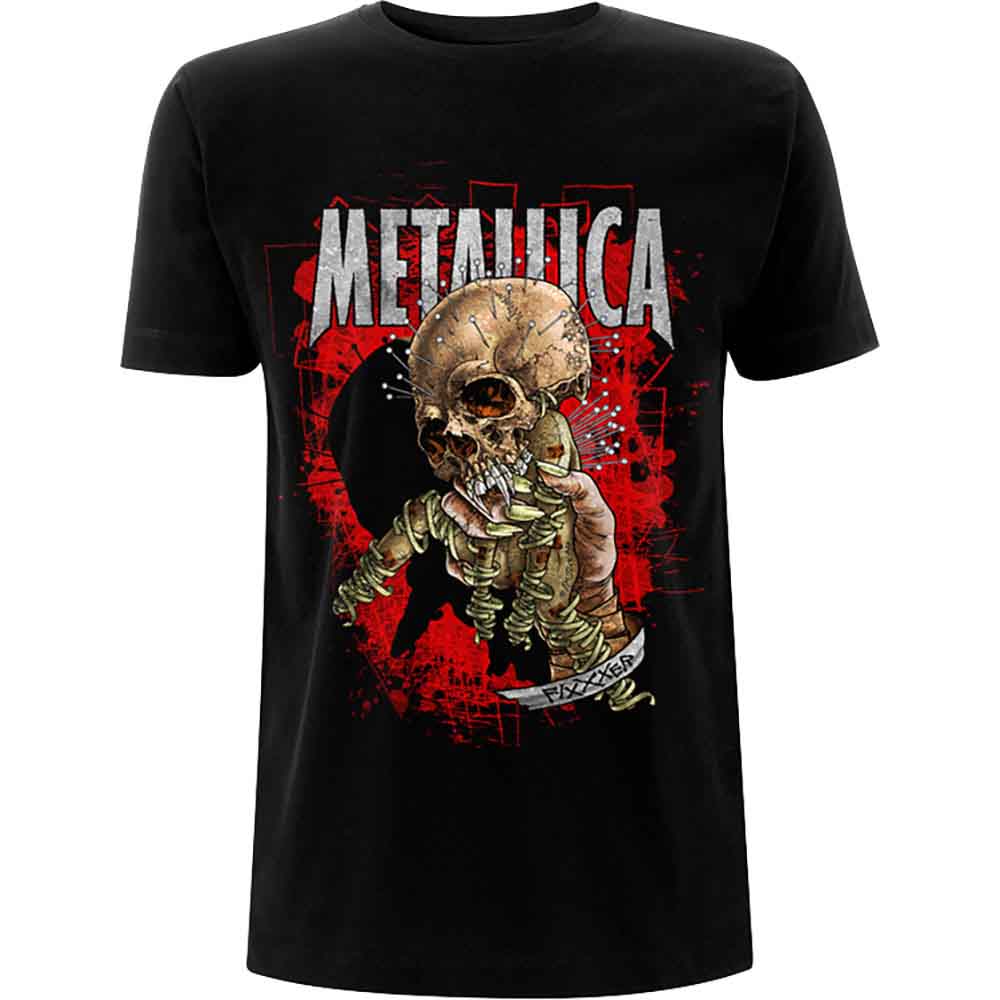 Black t-shirt with a stitched-up skull and “Metallica” text graphic.