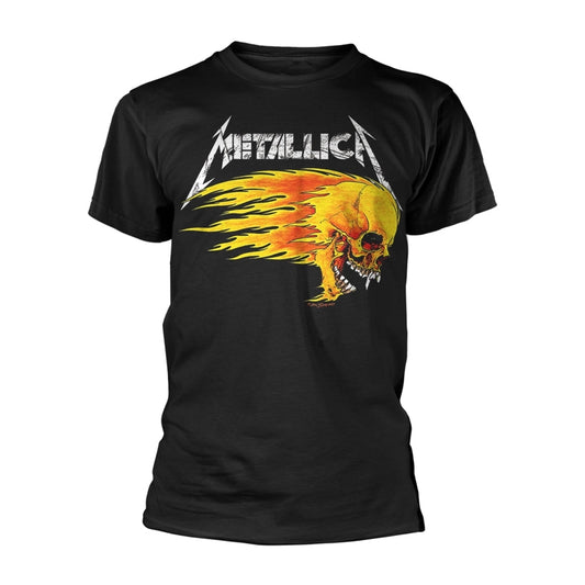 Black t-shirt with Metallica logo and flaming skull graphic.