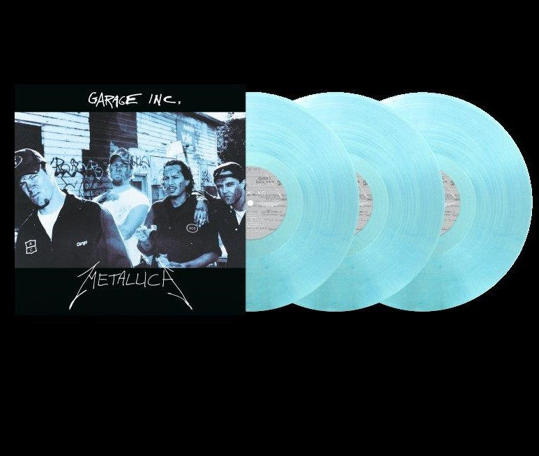 Metallica Garage Inc. album cover with three translucent light blue vinyl records.