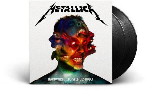 Metallica album cover with distorted face and vinyl record beside it.