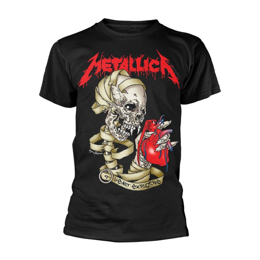 Black Metallica t-shirt with a skull, skeleton, and red heart graphic.