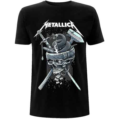 Black Metallica t-shirt with skull, swords, and snake graphic.