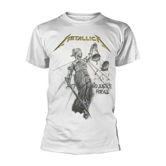 White Metallica t-shirt featuring the “And Justice For All” album artwork.