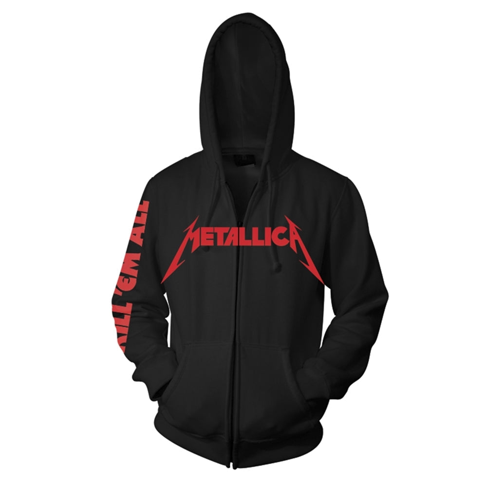 Black Metallica "Kill 'Em All" hooded sweatshirt with red logo.