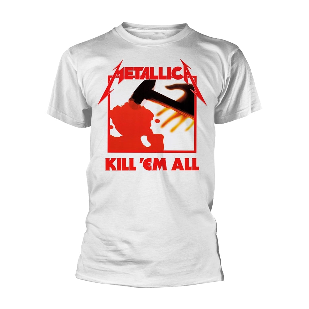 White t-shirt with red and black Metallica “Kill ‘Em All” graphic.