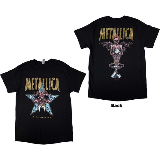 Black Metallica t-shirt with skull and star graphic, front and back.