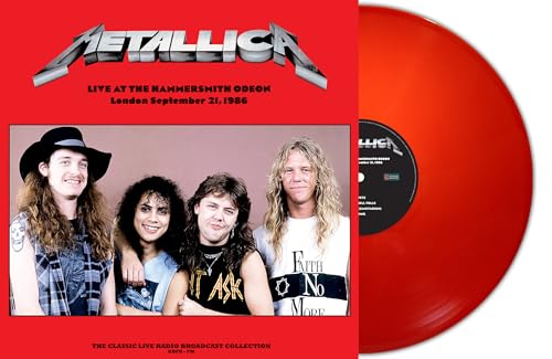Metallica album cover and red vinyl record, London 1986 concert.